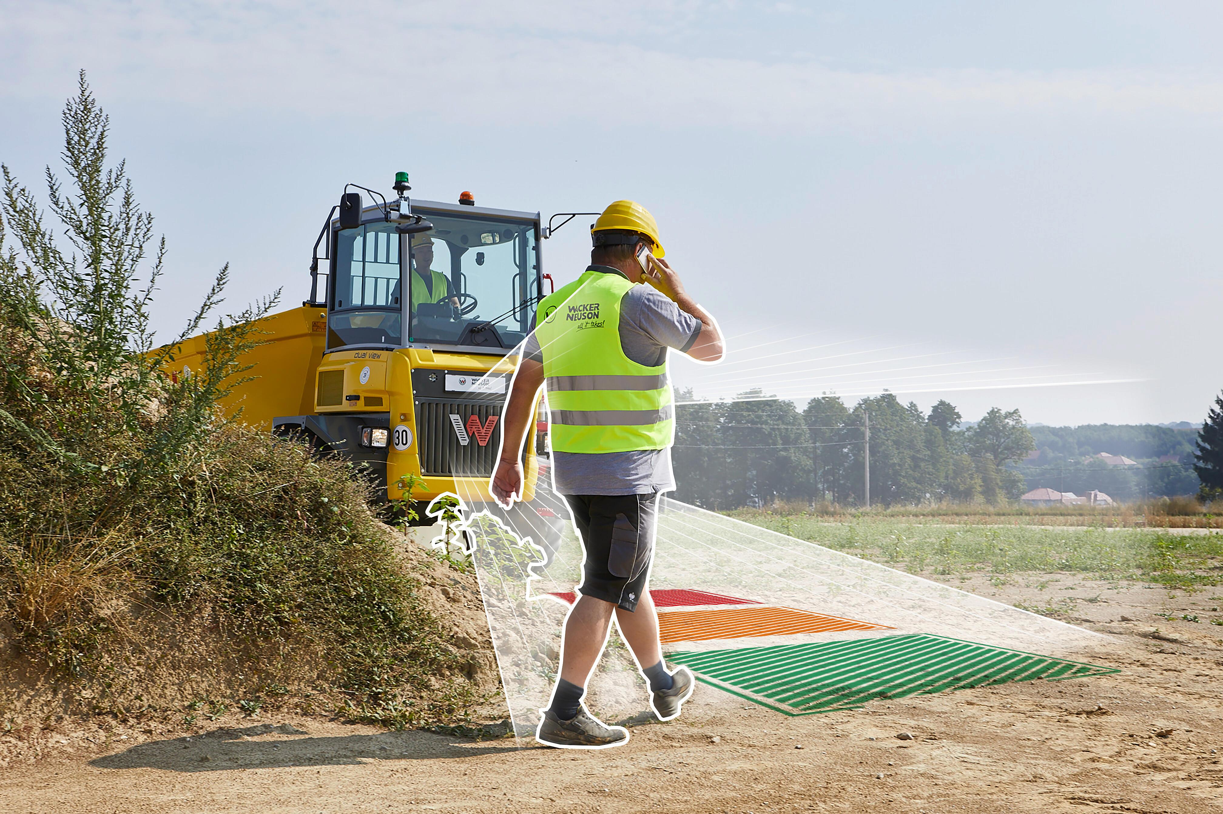 man walking in front of dumper. presentation of Object detection for dumpers