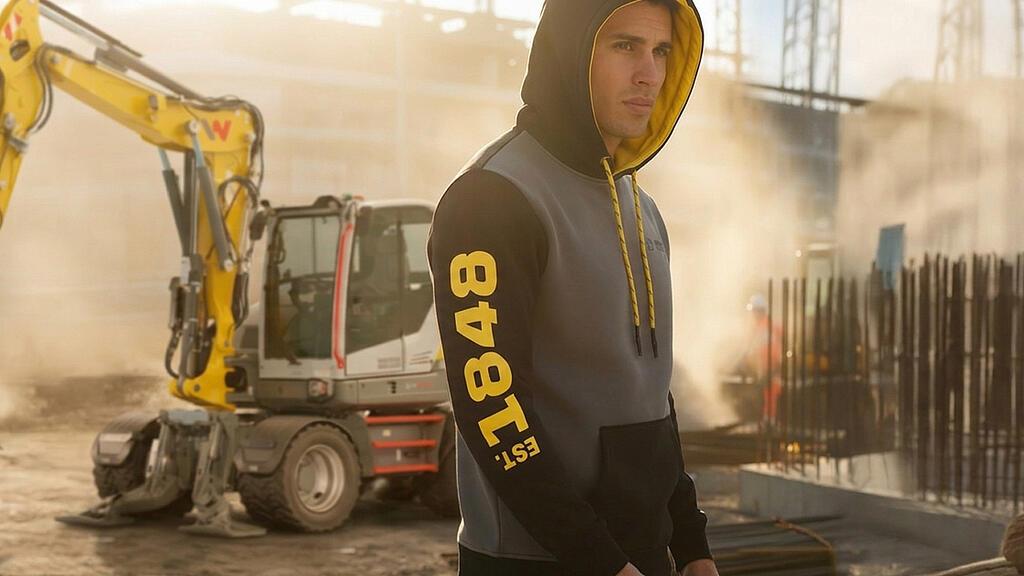 Eine Person auf einer Baustelle, die einen Wacker Neuson-Hoodie trägt, vor einem Mobilbagger.
